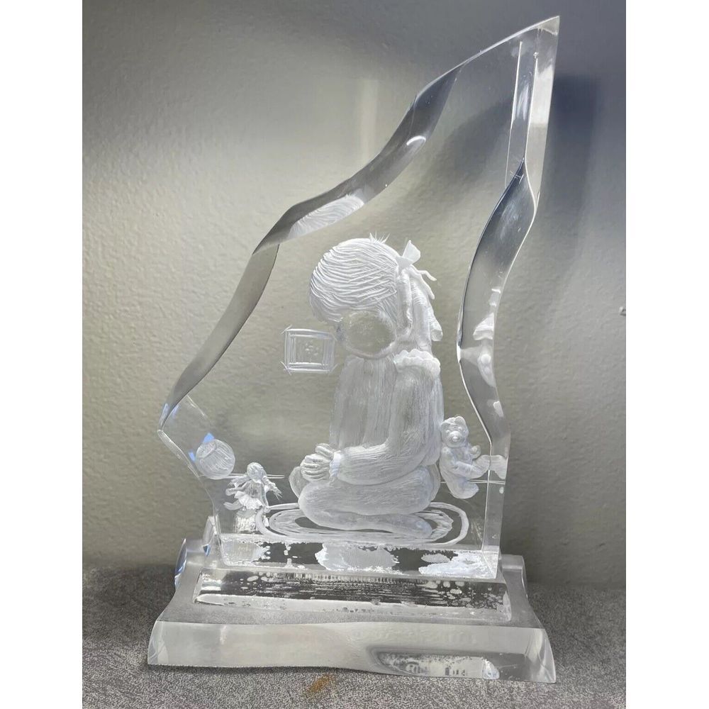 Lucite Etched - Carved 3D Sculpture of Kneeling Praying Girl‎ 8 1/4"X5 1/4"X2